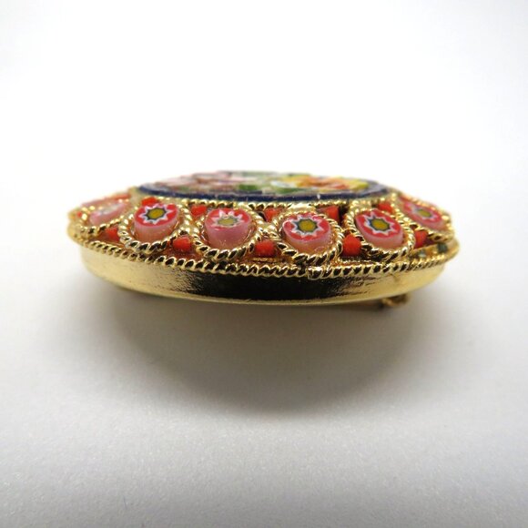 Vintage Italian Micro Mosaic Floral Brooch Millefiori Pin Gold Tone Oval Shape - Picture 7 of 13